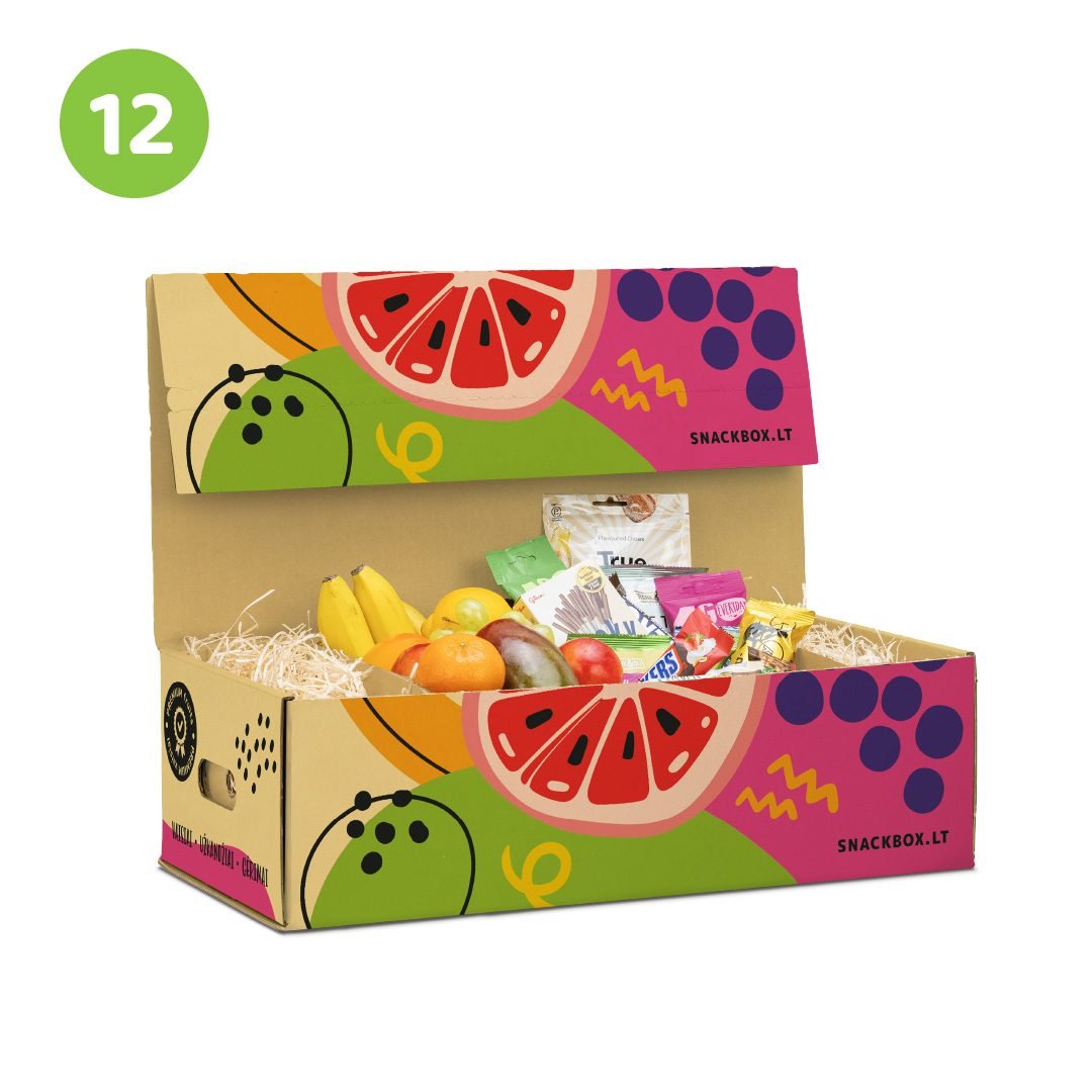 Mini vaisių ir užkandžių dovana spalvingoje kartoninėje dėžėje