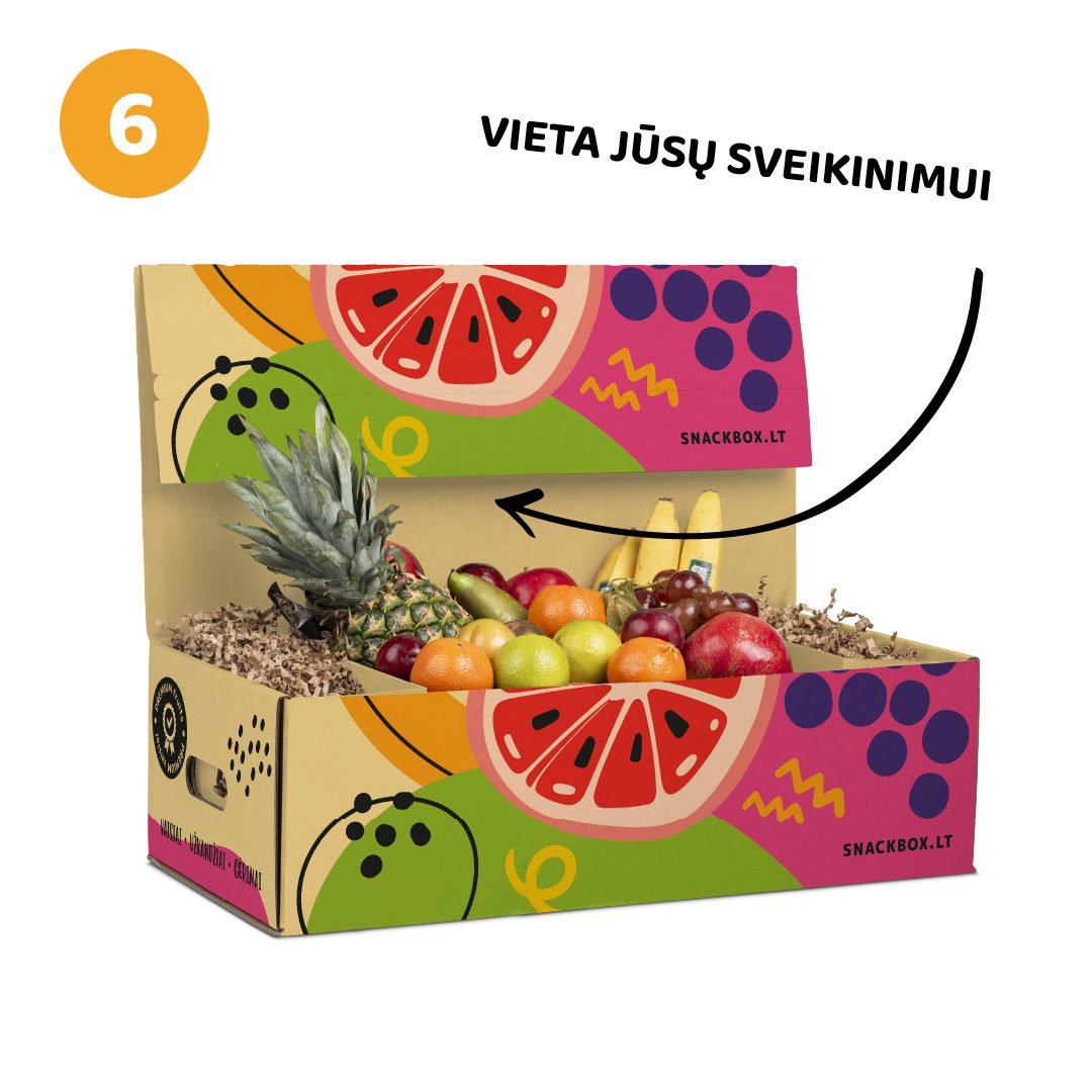 Mini vaisių dovana kartoninėje spalvingoje dežėje