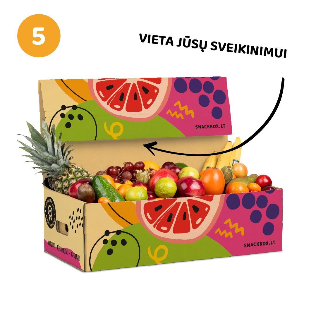 Vaisių dovana kartoninėje spalvingoje dežėje