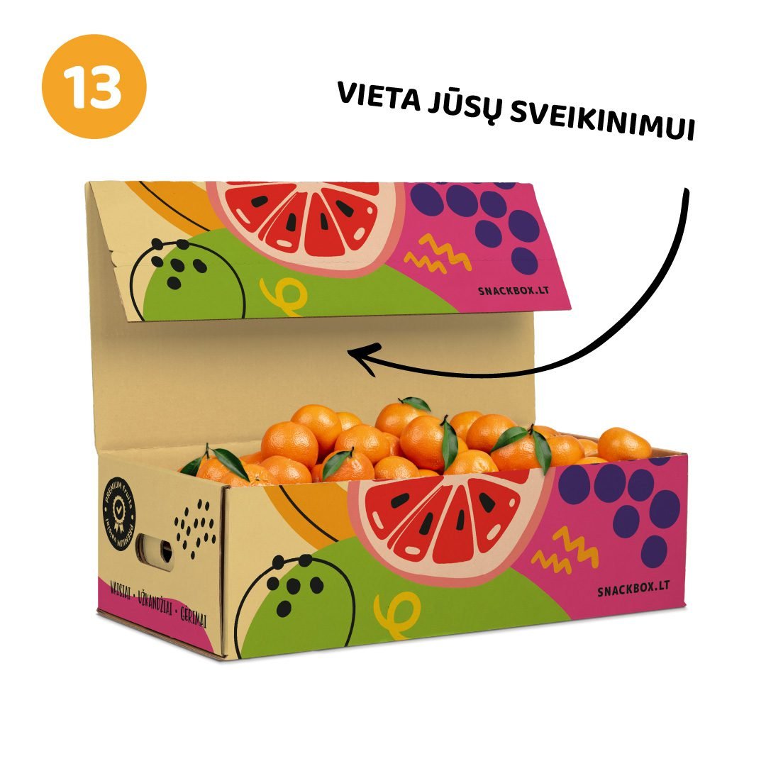 Mandarinų dovana spalvingoje kartoninėje dėžėje