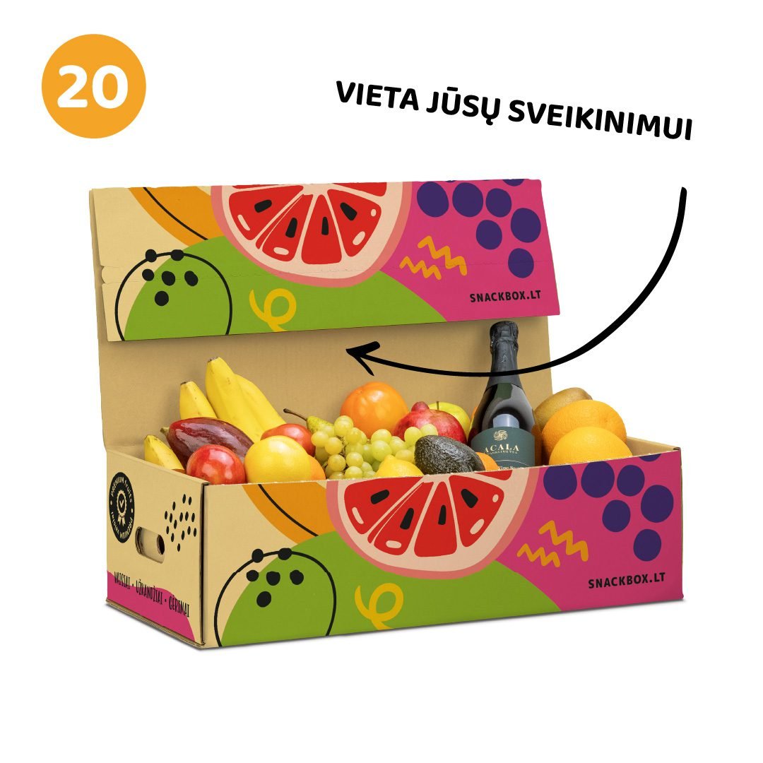 Vaisių ir ACALA dovana spalvingoje kartoninėje dėžėje