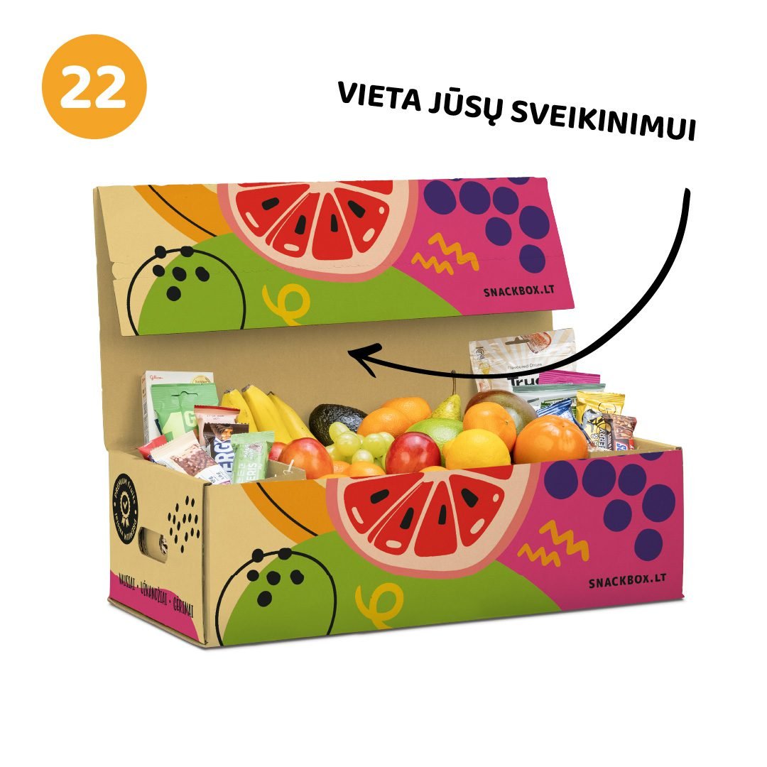 Vaisių ir užkandžių dovana spalvingoje dėžėje